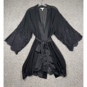 Soma Black Satin Lace Kimono Robe S/M Tie Belt Floral Lace Sleeves Lingerie Sexy